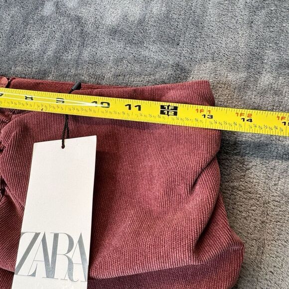 Zara Sz S Mini Skirt Ruched Corduroy Medium Burgundy Red Draped Ruffle Career - Picture 8 of 9